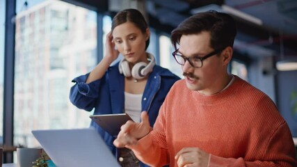 Stressed business people videocalling at office closeup. Nervous man woman - Powered by Adobe