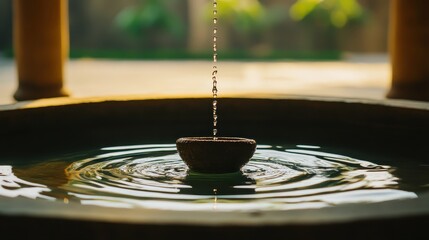 Obraz premium Tranquil Water Fountain with Droplets Creating Ripples in Basin