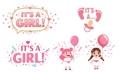 Fototapeta premium Celebrate a new baby girl with this adorable and charming pink themed party designs, perfect for baby shower invitations and decorations.