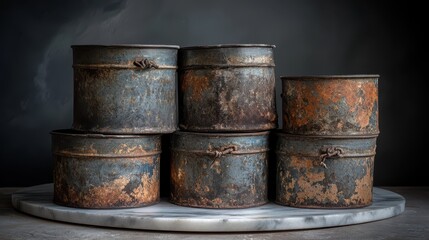 Fototapeta premium Vintage Metal Tins Stacked on a Marble Surface with Dark Background