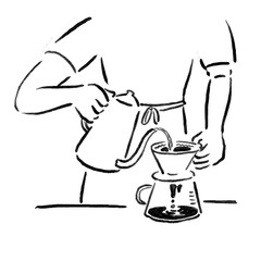 ハンドドリップでコーヒーを淹れる線画イラスト