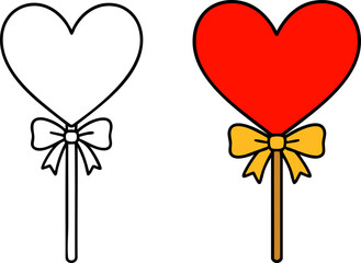 Heart Lollipop with Bow: Coloring Page and Colored Illustration