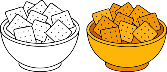 Flat Vector Illustration of Crackers in a Bowl: Coloring Page and Colored Version