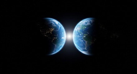 Fototapeta premium Two Earths Colliding in Space with Bright Light and City Lights