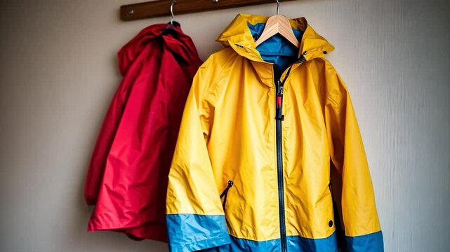 Two rain jackets, yellow and red, hang on a wooden rack against a light wall
