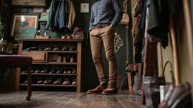 Man in chinos and boots stands in a rustic room with shoe rack