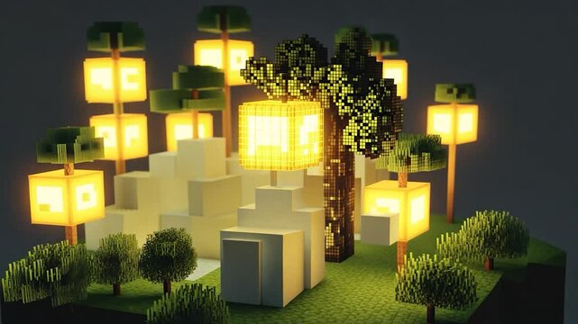 Illuminated pixel art cityscape with glowing cubic trees and a central structure