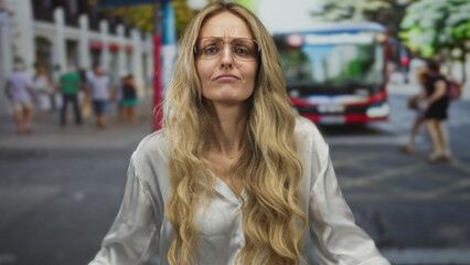 Woman with mouth wide open calling on street, young blonde outdoors urban commuter wearing glasses...