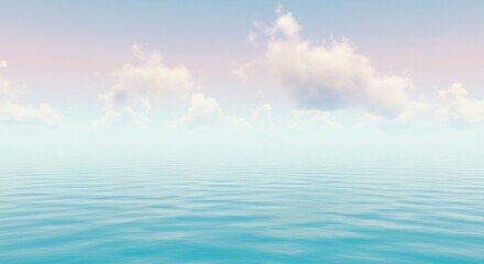 Obraz premium Serene seascape depicts a calm ocean under a pastel sky filled with fluffy clouds. Tranquil scene evoking peace