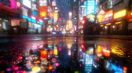 Obraz premium Rain-slicked city street at night, neon lights reflecting in puddles.