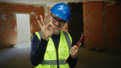Elderly hispanic man wearing safety gear giving okay sign at indoor construction site with clipboard in hand showcasing assurance and confidence.