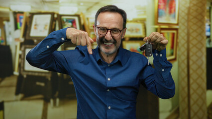 Mature man wearing glasses holds car keys in an art gallery with framed paintings on display under...