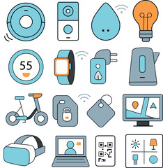 This image features a set of smart home and modern technology icons, including devices like smartwatches, smart plugs, and VR headsets. The icons are illustrated in a flat, minimal style 