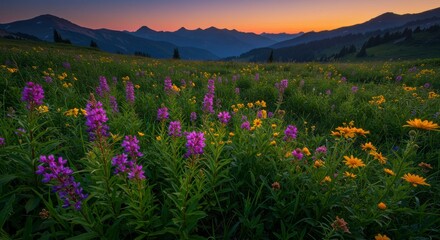 Fototapeta premium Mountain meadow wildflowers at dawn