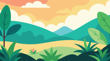 beautiful flat design landscape with lush green foliage, rolling hills, and a serene sky