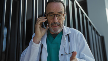 Doctor talking on phone outside hospital urban setting featuring mature man in white coat with...