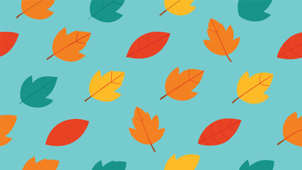 bright autumn leaves seamless pattern in warm colors on a cheerful blue background