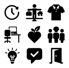Modern Work Icons. Solid, filled icons set of work values and culture shifts: flexible schedule, work-life