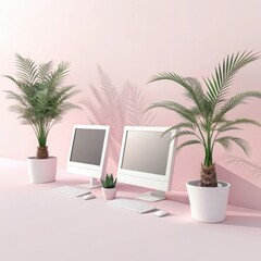 Photo of two computers with plants on a pink desk in a modern office