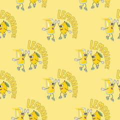 Lemonade seamless pattern with groovy characters. Funny fruit lemon and glass of drink happily met. Yellow, green, blue colors. Cartoon print on fabric and paper. Vector design for textile, wallpaper.