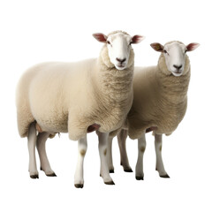 Obraz premium Two white sheep standing together isolated on transparent background, wool animals for farming and livestock 