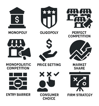 Market Structure Icons. Solid, filled icons set of market structures: monopoly icon, oligopoly badge, perfect