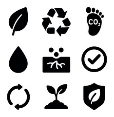 Sustainability Icon Grid. Solid, filled icons set of environmental impact and benefits: leaf icon, recycling