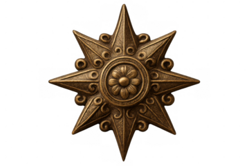 Golden eight-pointed star featuring a central flower motif and intricate swirling patterns, isolated on a transparent background