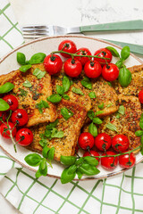 Easy Savory French Toast with Roasted Cherry Tomatoes and Basil..selective focus