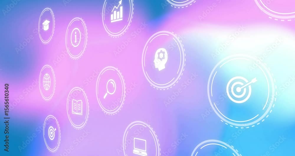 Poster Gradient wash initiating floating tech icons sliding inward pulsing visualizing digital network