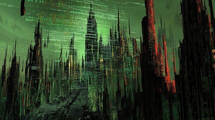 Obraz premium Futuristic cityscape of towering structures with digital code.