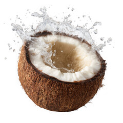 Fresh coconut halved with water splash isolated on transparent background