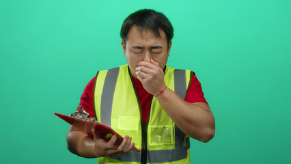 Young man in safety vest holding clipboard sneezing against green background, illustrating health...