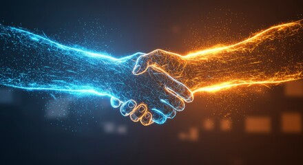 Abstract handshake of two digital hands, representing a digital partnership or agreement
