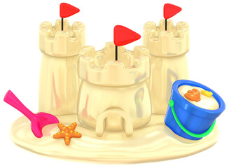 Sand castle 3D summer illustration with colorful