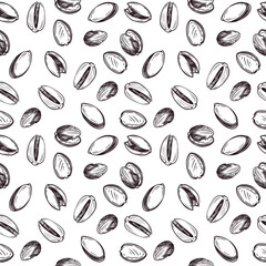 Seamless vector pattern. Pistachio nuts in the shell and without the shell. All objects are hand-drawn in vector. The illustration is suitable for printing on fabric, paper, product packaging design.