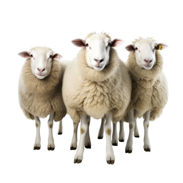 Three white sheep standing together isolated on transparent background, livestock group
