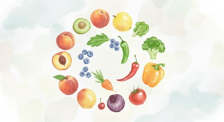 A vibrant spiral arrangement of fresh produce, including fruits and vegetables, showcasing a variety of colors and textures