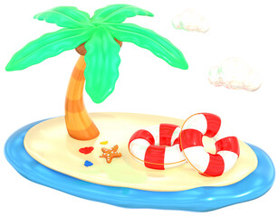 Coconut tree and life buoy on island 3D summer illustration with colorful