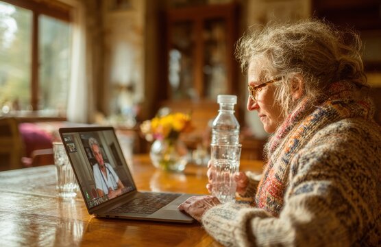 Senior woman having online medical consultation with doctor using laptop at home