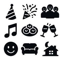 Joyful Gathering Icons. Solid, filled icons set of joyful home gatherings: celebration hat, confetti burst,