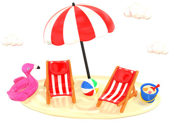 Beach chairs scene 3D summer illustration with colorful