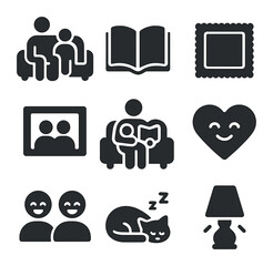 Family Living Room Icons. Solid, filled icons set of family living room time: parent and child, open book,