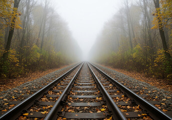 Obraz premium Misty Forest Railway with Autumn Leaves – Evocative Landscape for Travel, Mystery, or Nature-themed Backgrounds