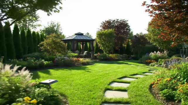 Lush manicured garden with stone pathway and beautiful landscaping
