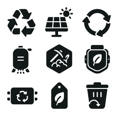 Sustainable Space Icons. Solid, filled icons set of sustainable space resource use: recycling system, green