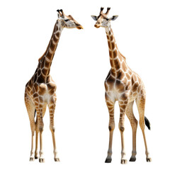 Two giraffes standing and facing each other isolated on transparent background, African wildlife animals cutout
