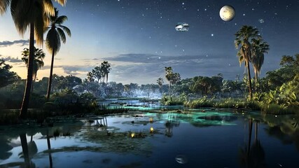 Tranquil lagoon at twilight, under a starry night sky, with palm trees lining the banks and bioluminescent water - Powered by Adobe