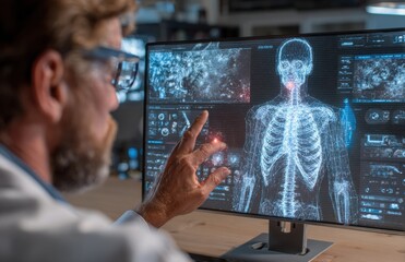 Medical doctor analyzing human skeleton on futuristic computer screen displaying data