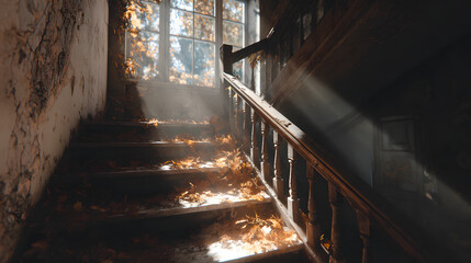 Sunlight streams through a window, illuminating a dusty, abandoned staircase adorned with autumn leaves, creating a serene yet eerie atmosphere.